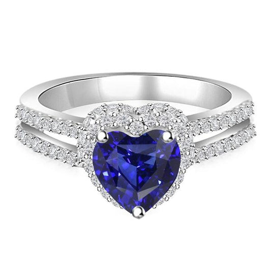 Diamond Halo Heart Cut Sapphire Ring Double Shank 3.50 Carats