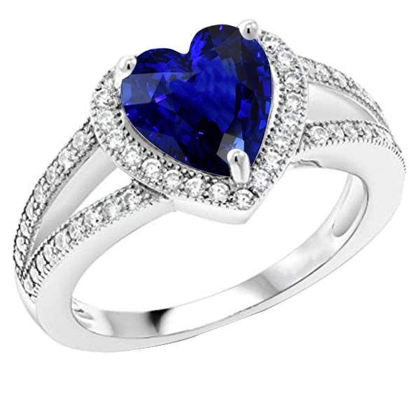 Diamond Halo Heart Shaped Blue Sapphire Ring Split Shank 4 Carats