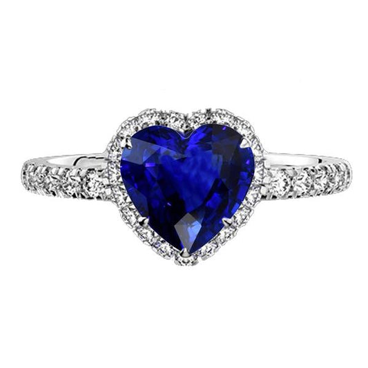 Diamond Halo Heart Srilanka Sapphire Ring 3.50 Carats Gold 14K