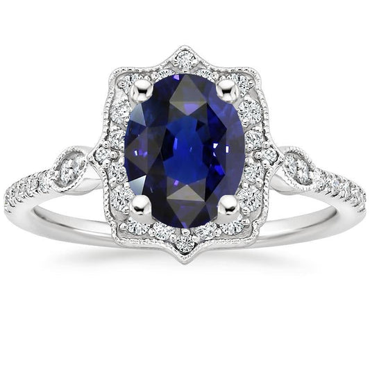 Diamond Halo Oval Ceylon Sapphire Ring 4 Carats Jewelry Gold