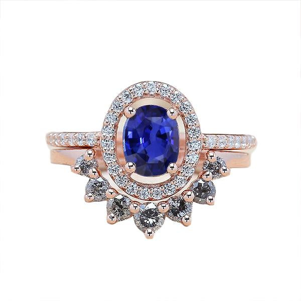 Diamond Halo Oval Engagement Ring Set Blue Sapphire 3.50 Carats Gold