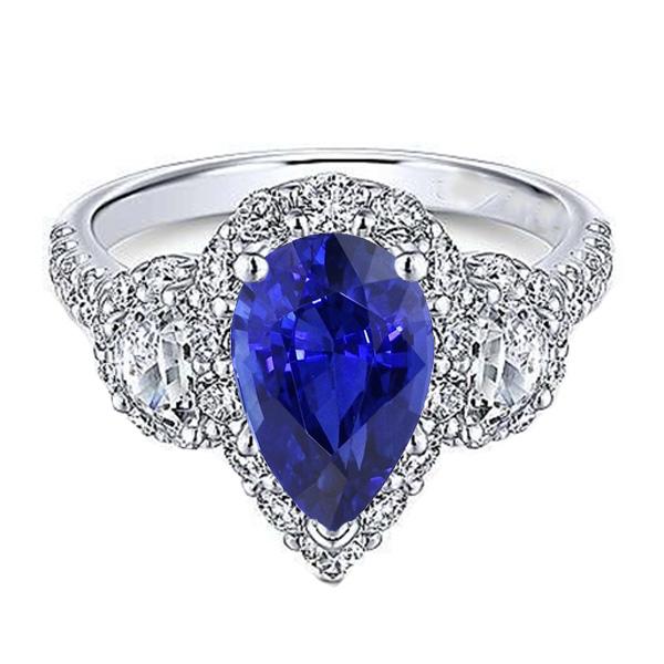 Diamond Halo Pear Ceylon Sapphire Ring 3 Stone Style 4.50 Carats