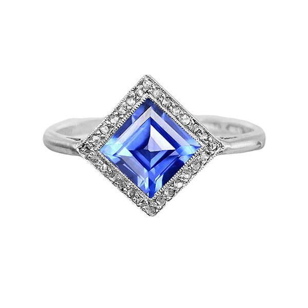 Diamond Halo Princess Blue Sapphire Ring 3 Carats Gold Pyramid Style