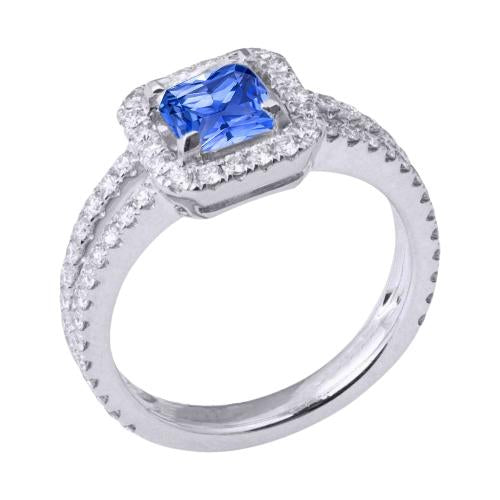 Diamond Halo Radiant Sapphire Ring Double Shank 3 Carats Gold Jewelry
