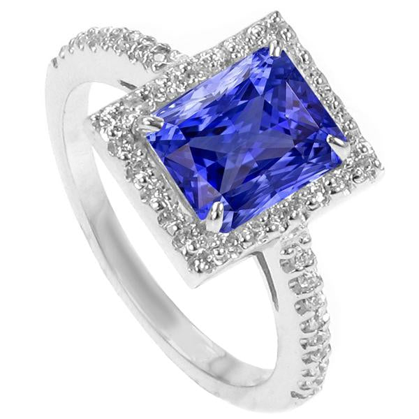 Diamond Halo Radiant Sri Lankan Sapphire Ring 4.50 Carats White Gold
