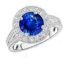 Diamond Halo Ring Antique Style Prong Round Blue Sapphire 2.50 Carats