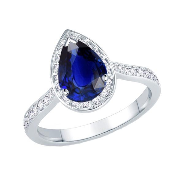 Diamond Halo Ring Pear Ceylon Sapphire Accented Gold Jewelry 4 Carats