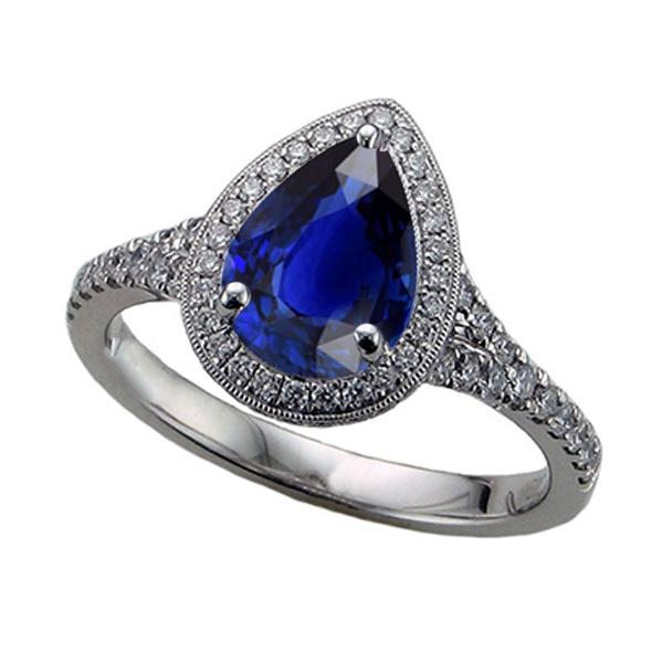 Diamond Halo Ring Pear Cut Blue Sapphire Antique Style 3.50 Carats