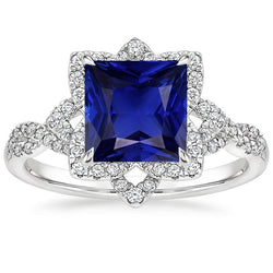 Natural Earth Mined Diamond Halo Ring Star Style Princess Blue Sapphire 6.50 Carats Gold