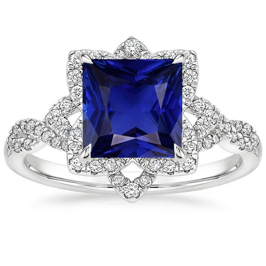 Diamond Halo Ring Star Style Princess Blue Sapphire 6.50 Carats Gold