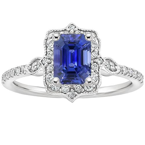 Diamond Halo Ring Vintage Style Emerald Blue Sapphire 4 Carats