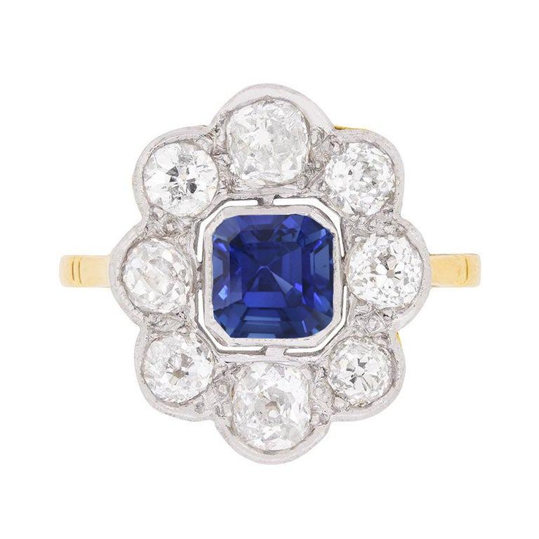 Diamond Halo Sapphire Ring Bezel Set Asscher Cut Flower Style 4 Carats
