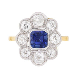 Natural Earth Mined Diamond Halo Sapphire Ring Bezel Set Asscher Cut Flower Style 4 Carats