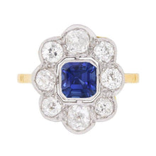 Diamond Halo Sapphire Ring Bezel Set Asscher Cut Flower Style 4 Carats