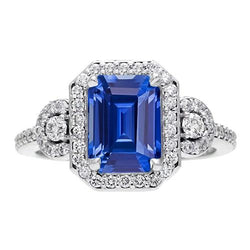 Natural Earth Mined Diamond Halo Srilanka Sapphire Emerald Ring 3 Stone Style 4.50 Carats
