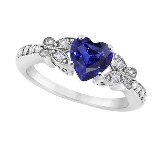 Diamond Heart Shaped Blue Sapphire Ring 2.50 Carats Butterfly Style