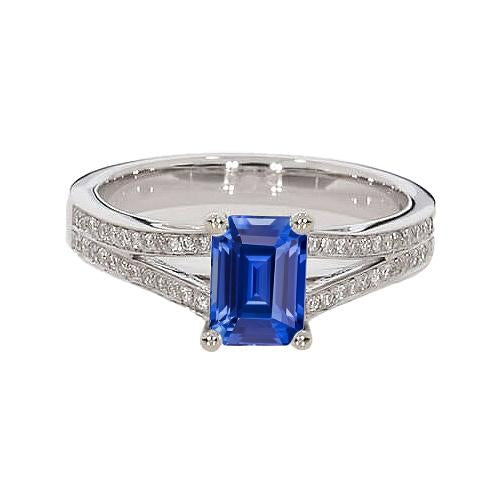 Diamond Jewelry Emerald Cut Blue Sapphire Ring Split Shank 3 Carats