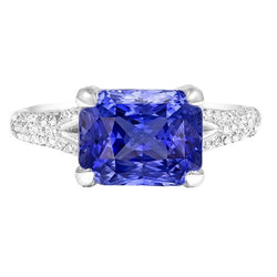 Natural Earth Mined Diamond Jewellery Radiant Sapphire Ring Pave Split Shank 4 Carats