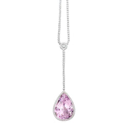Natural Earth Mined Diamond Necklace 16 Ct Pink Pear Cut Kunzite Pendant Gold Jewellery