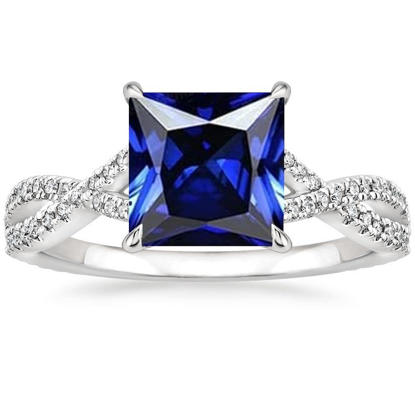 Diamond & Princess Sapphire Ring With Accents 6.50 Carat Twisted Shank