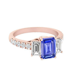 Natural Earth Mined Diamond Ring 3 Stone Style Emerald Blue Sapphire Rose Gold 3.50 Carats