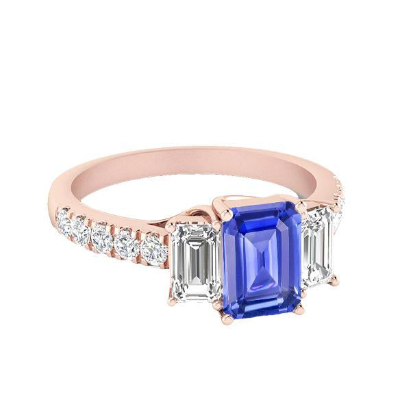 Diamond Ring 3 Stone Style Emerald Blue Sapphire Rose Gold 3.50 Carats