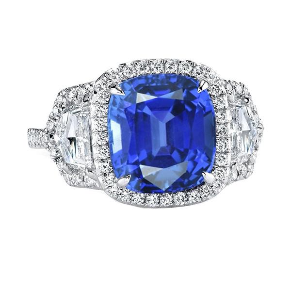 Diamond Ring Cushion Sapphire Pave Three Stone Style 5.50 Carats