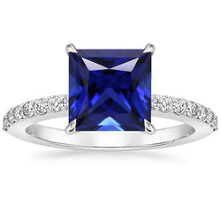 Diamond Ring Sri Lankan Sapphire 5.50 Carats Princess Cut with Accents