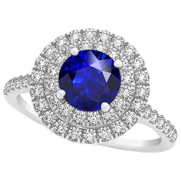 Diamond Round Blue Sapphire Ring Double Halo 4 Carats Women's Gold 14K