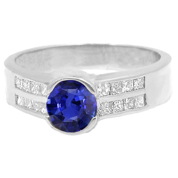 Diamond Round Blue Sapphire Ring & Princess Cut Accents 2.50 Carats