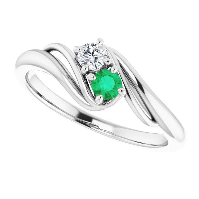 Diamond Round Green Emerald Bypass Setting Ring 1.50 Carats