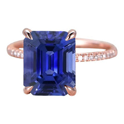 Natural Earth Mined Diamond Solitaire Ring Accents Emerald Cut Ceylon Sapphire 4.50 Carats