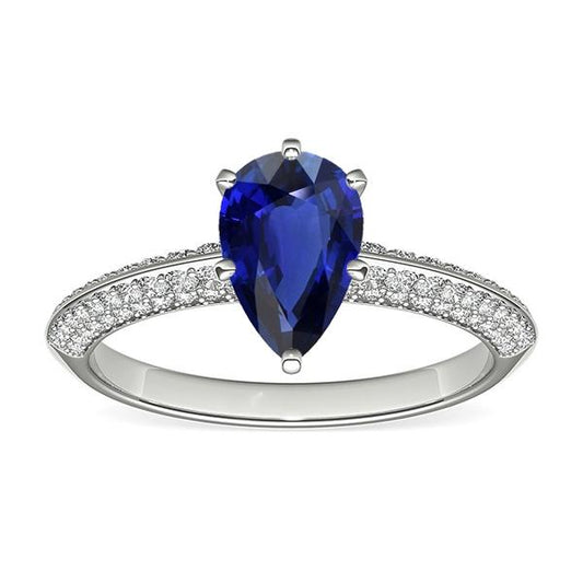 Diamond Solitaire Ring Accents Pear Sri Lankan Sapphire 3 Carats