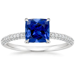 Diamond Solitaire Ring Cushion Blue Sapphire With Accents 3.25 Carats