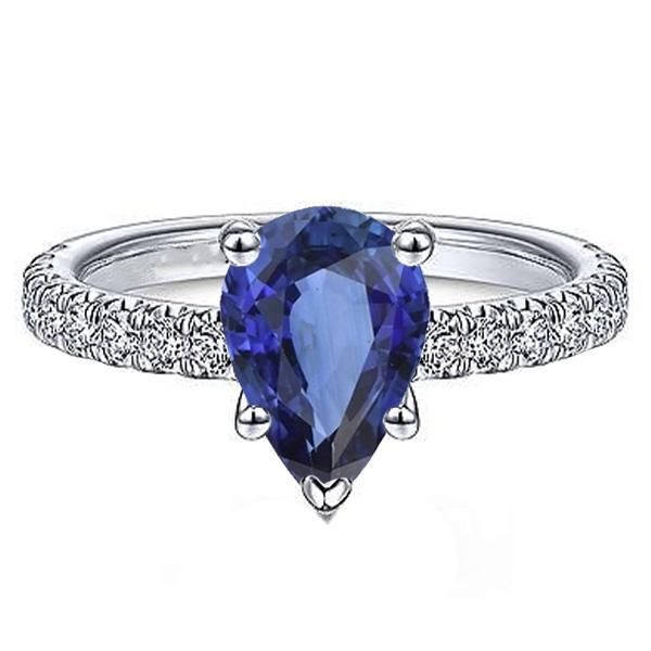 Diamond Solitaire Ring With Accents Pear Cut Ceylon Sapphire 4 Carats