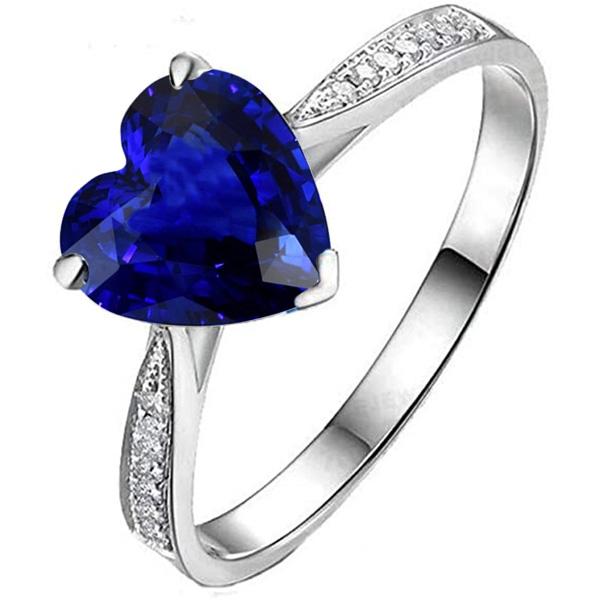 Diamond Solitaire With Accents Heart Ceylon Sapphire Ring 3.50 Carats