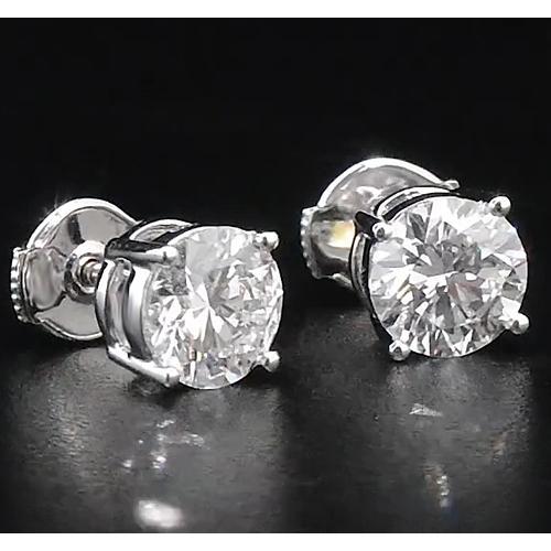 Diamond Stud Earrings 2 Carats Four Prong Round White Gold 14K