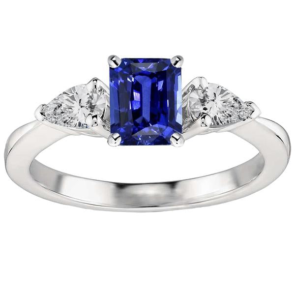 Diamond Three Stone Emerald Shaped Ring Deep Blue Sapphire 2.50 Carats
