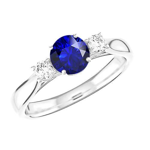Diamond Three Stone Ring Round Natural Blue Sapphire 2 Carats