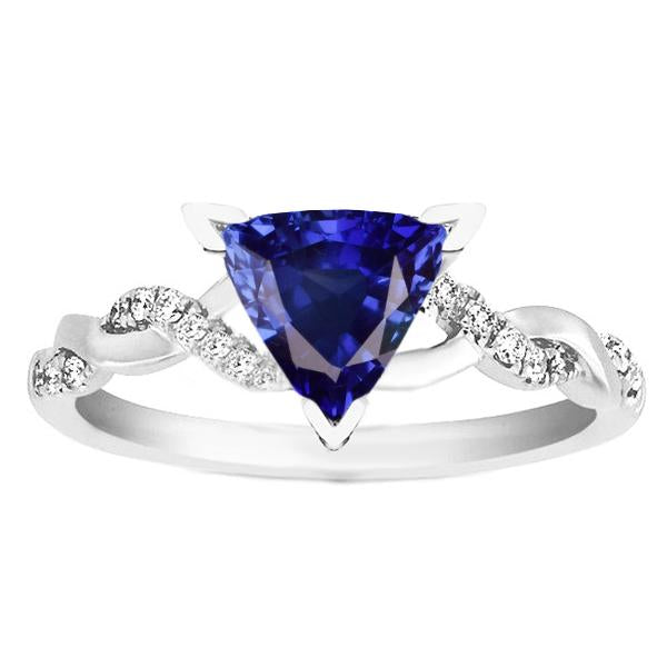 Diamond Trillion V Prong Blue Sapphire Ring 2 Carats Twisted Style