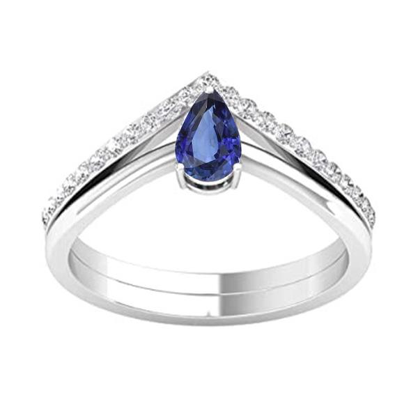 Diamond Wedding Band & Pear Solitaire Blue Sapphire Ring Set 2 Carats