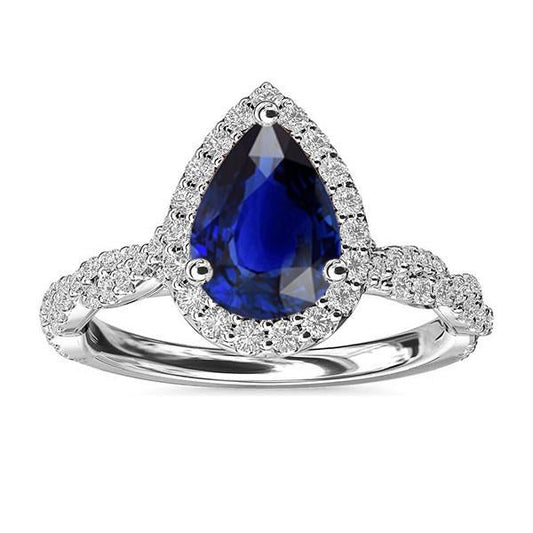 Diamond Wedding Halo Ring Pear Shaped Sri Lankan Sapphire 4 Carats