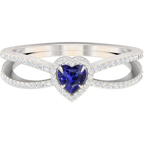 Diamond Wedding Ring Set Heart Blue Sapphire 2.50 Carats Split Shank