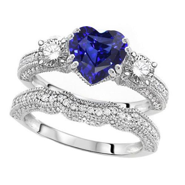 Diamond Wedding Ring Set Heart Blue Sapphire Antique Style 3.50 Carats