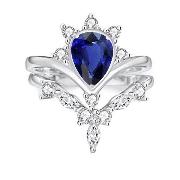 Diamond Wedding Ring Set Pear Ceylon Sapphire 3 Carats Crown Style