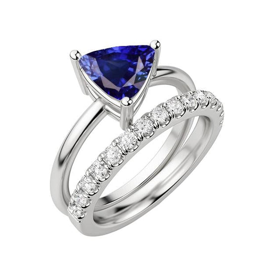 Diamond Wedding Ring Set Trillion Blue Sapphire 2 Carats Gold 14K