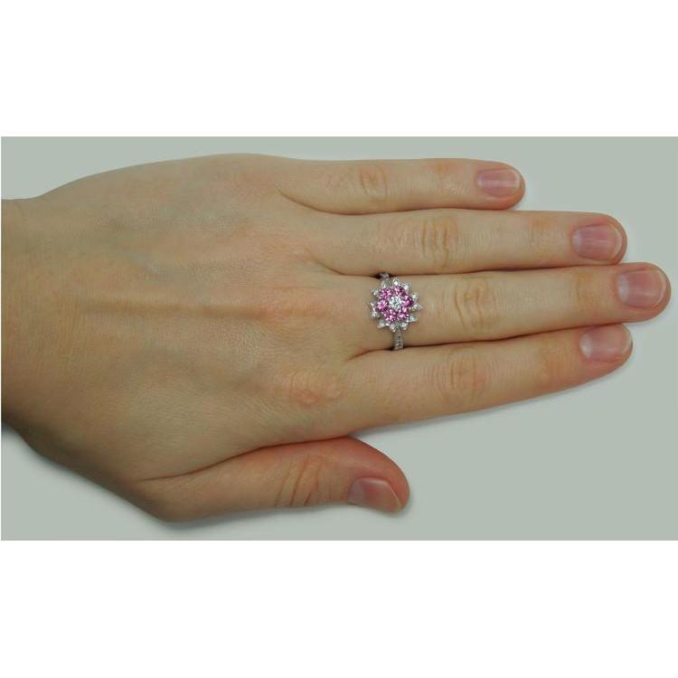 Diamonds & Pink Sapphires 1.15 Ct. Flower Style Ring White Gold 18K