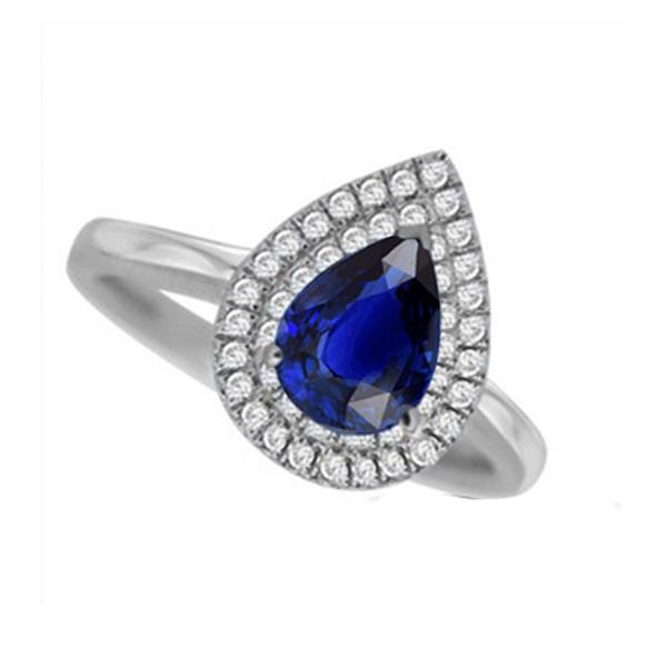 Double Halo Anniversary Ring Pear Sri Lankan Sapphire 3.75 Carats