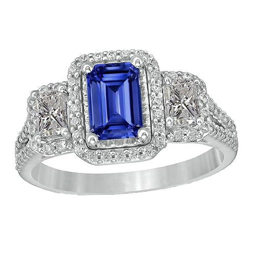 Double Halo Blue Sapphire Ring Radiant & Round Diamonds 3.50 Carats
