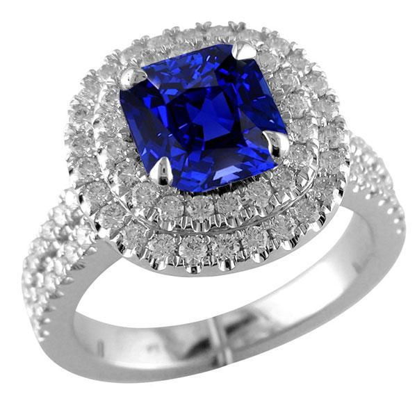 Double Halo Cushion Blue Sapphire Ring Pave Split Shank 4.50 Carats